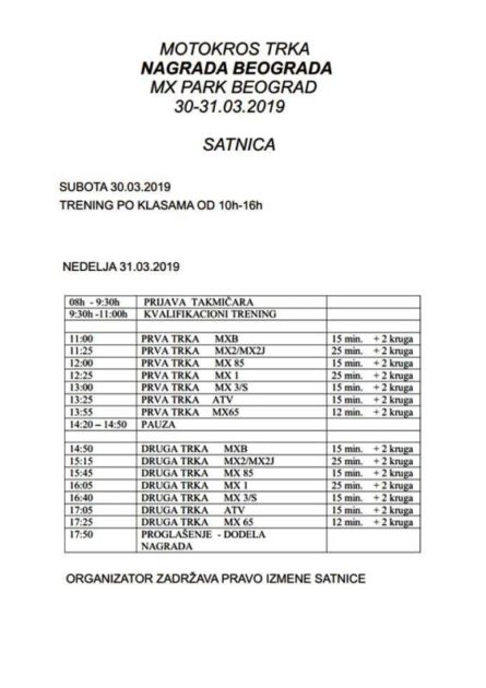 Satnica za prvu moto kros trku 2019