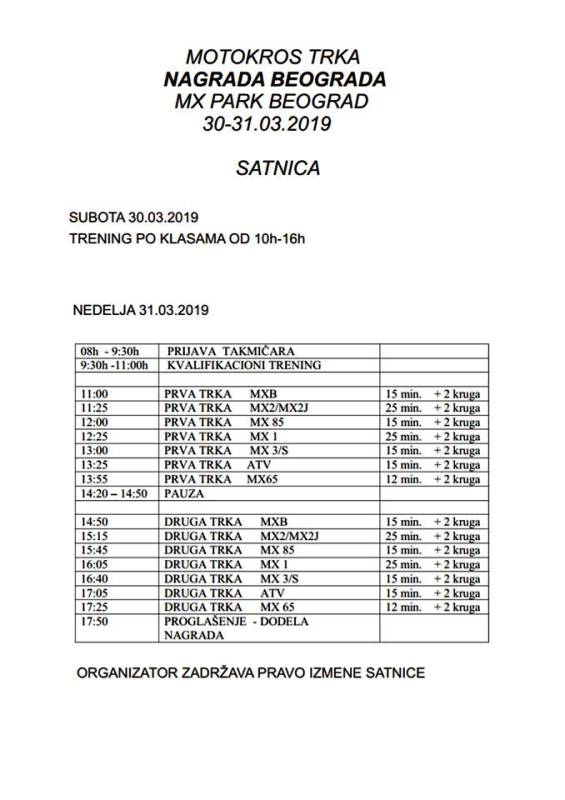 Satnica za prvu moto kros trku 2019
